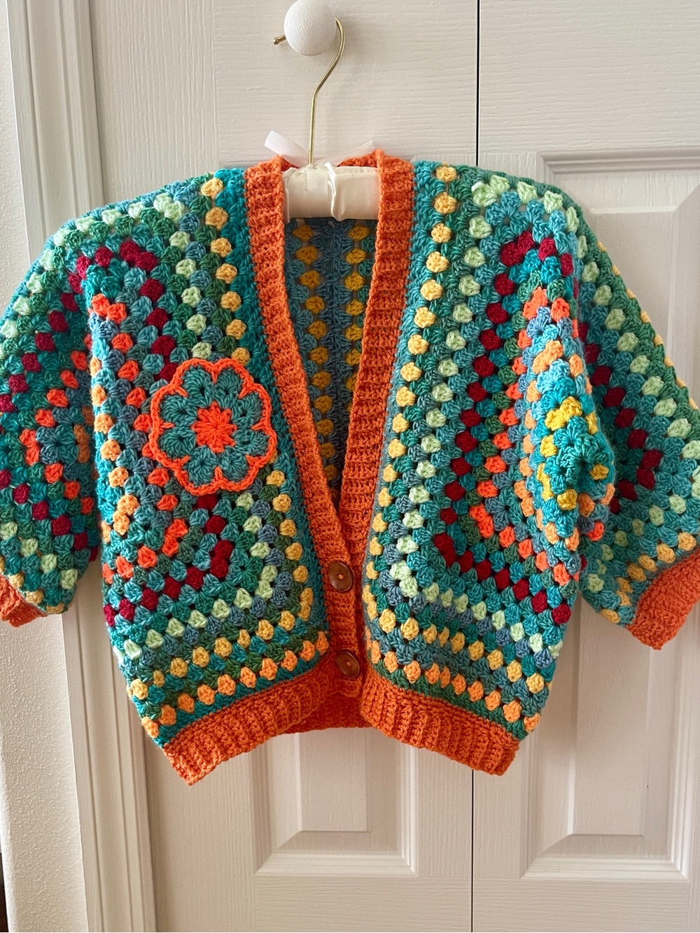 Hand-Crocheted Multicolor Granny Square Cardigan - Orange Trim - Picture 4 of 5